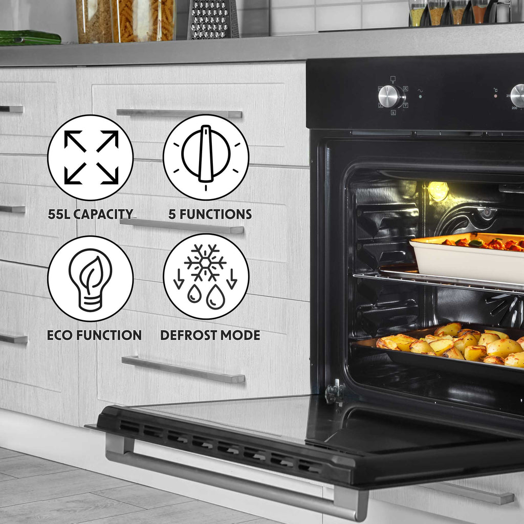 Baridi Kitchen Appliance Bundle – 60cm Oven, Black Glass Hob, Angled Chimney Hood & Splashback - DH391