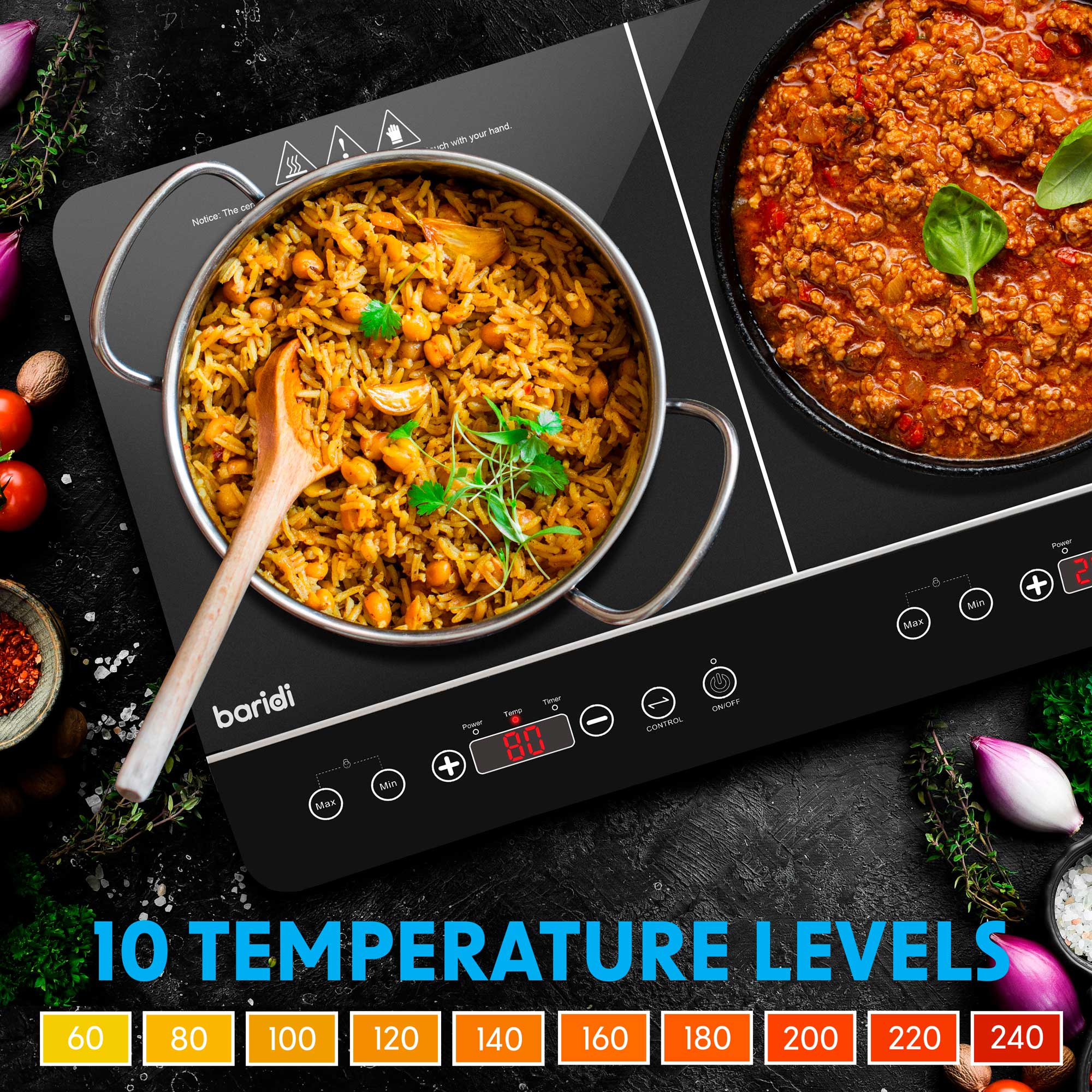 Baridi Portable Induction Hob: Two Zone, 2800W, 10 Power Settings, Timer Function, Black - DH146