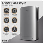 Baridi Hand Dryer with HEPA Filter & Auto-Sensor 1750W/230V, Silver - DH150
