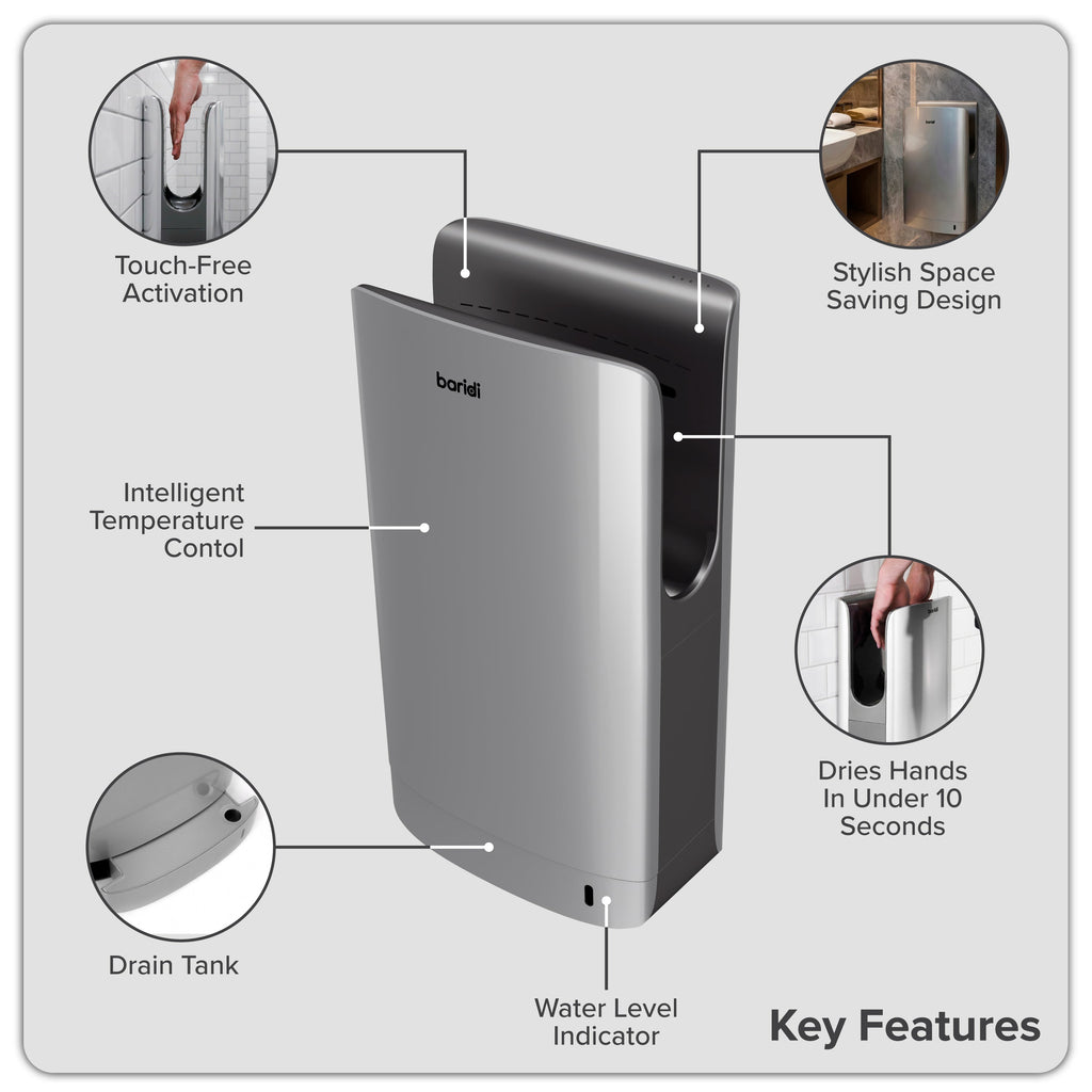 Baridi Hand Dryer with HEPA Filter & Auto-Sensor 1750W/230V, Silver - DH150