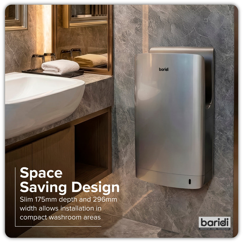 Baridi Hand Dryer with HEPA Filter & Auto-Sensor 1750W/230V, Silver - DH150