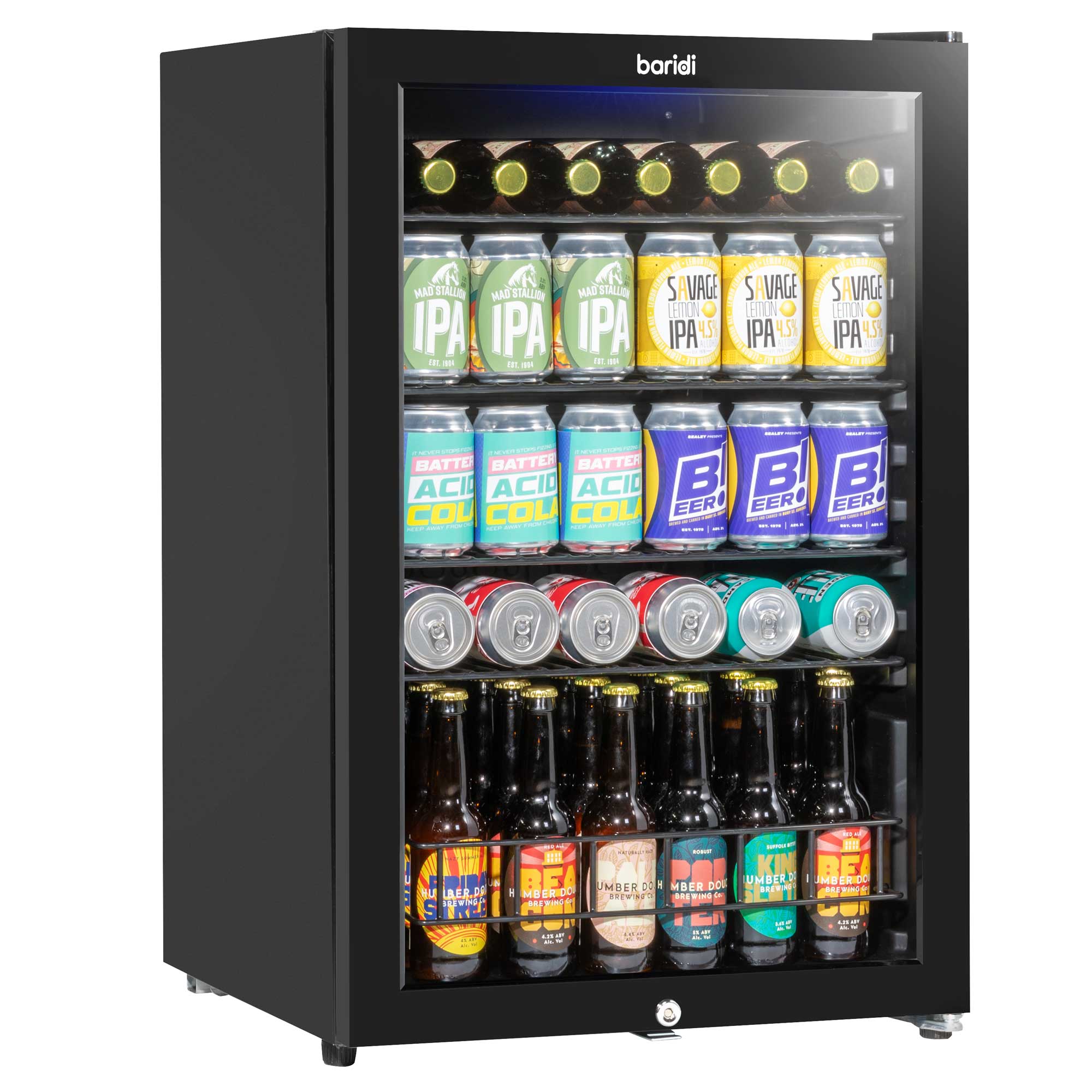 Baridi Undercounter Drinks, Beer & Wine Fridge with LED Light 115L, Black - DH223
