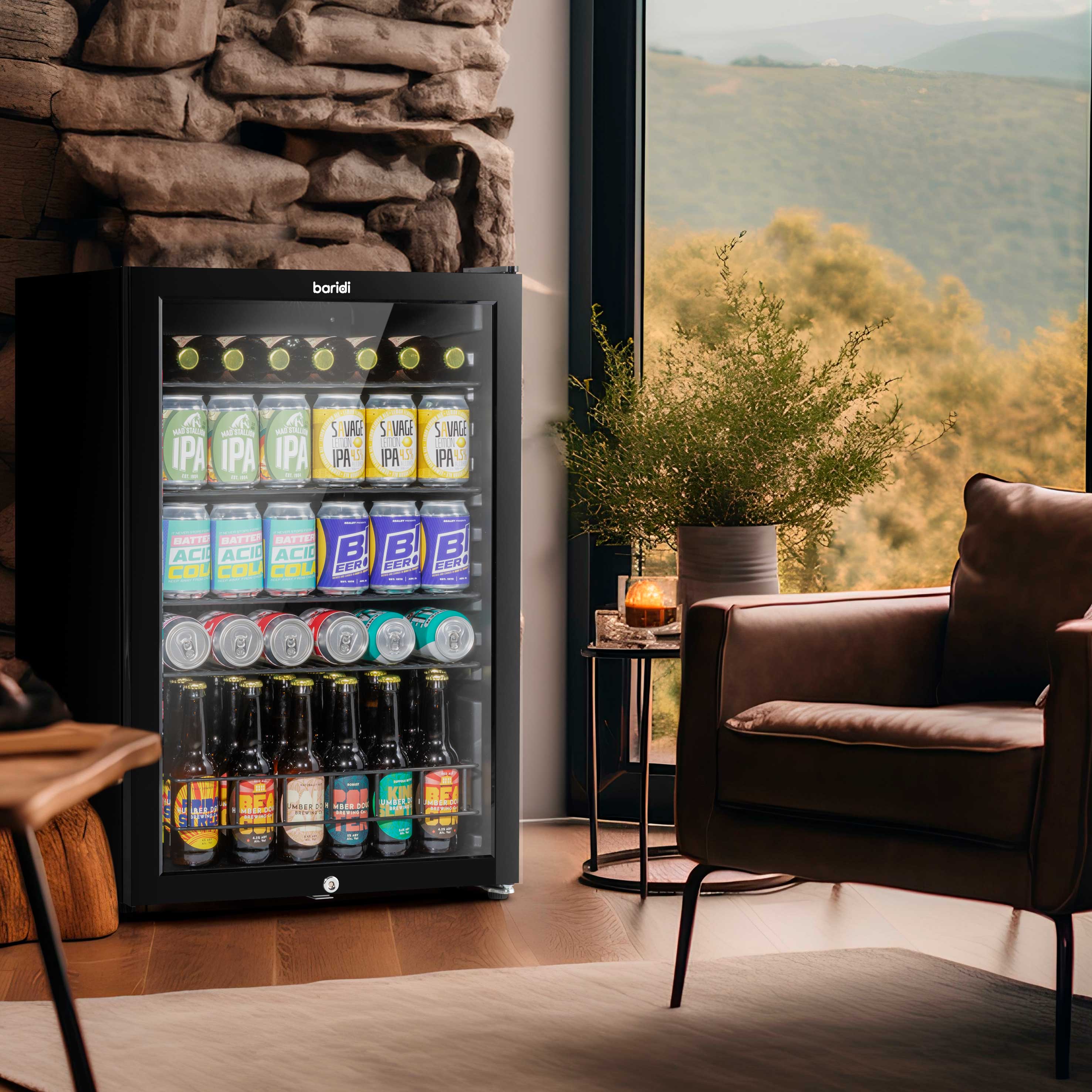 Baridi Undercounter Drinks, Beer & Wine Fridge with LED Light 115L, Black - DH223