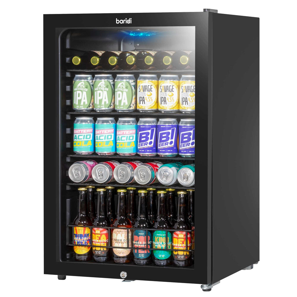 Baridi Undercounter Drinks, Beer & Wine Fridge with LED Light 115L, Black - DH223