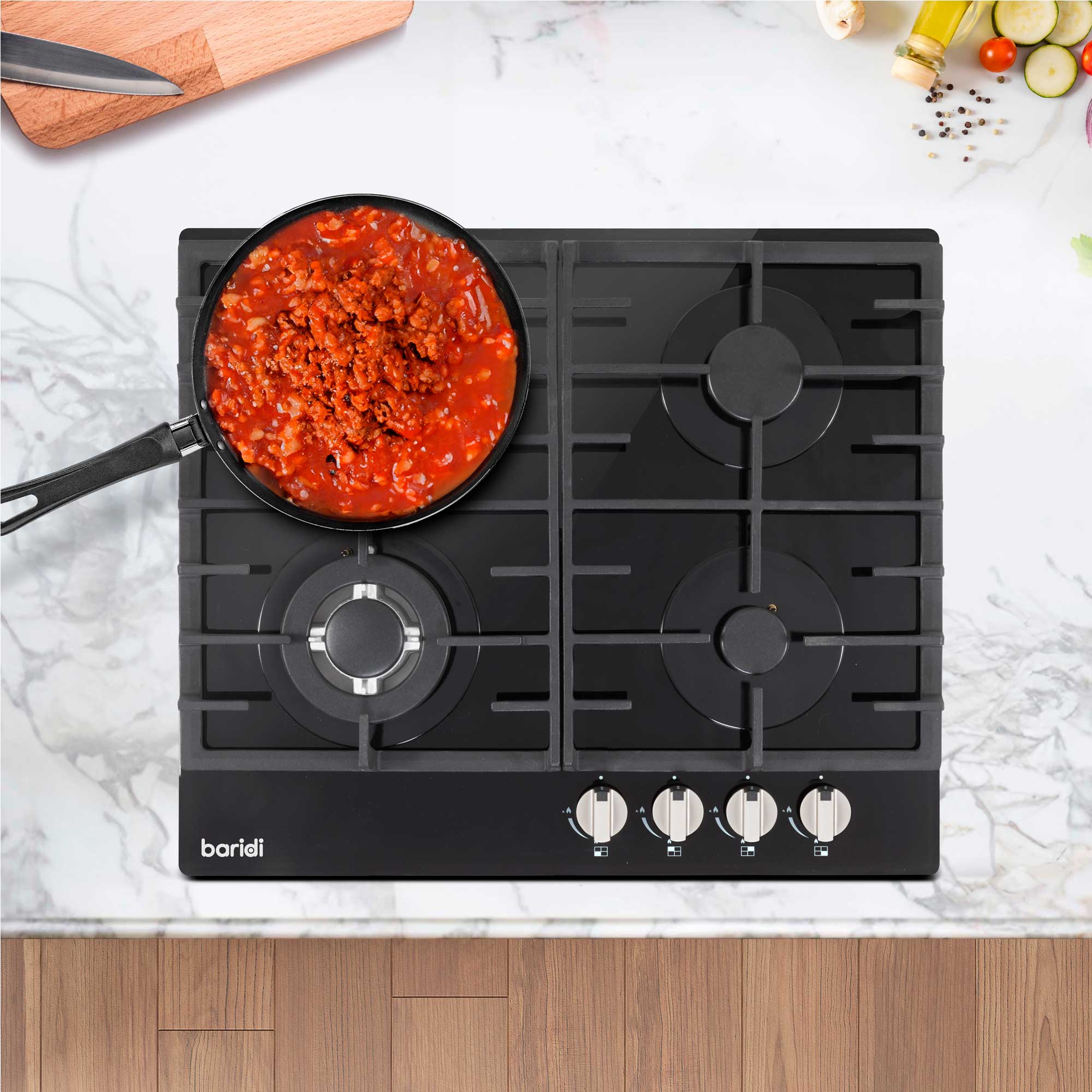 Baridi Kitchen Appliance Bundle – 60cm Oven, Black Glass Hob, Angled Chimney Hood & Splashback - DH391