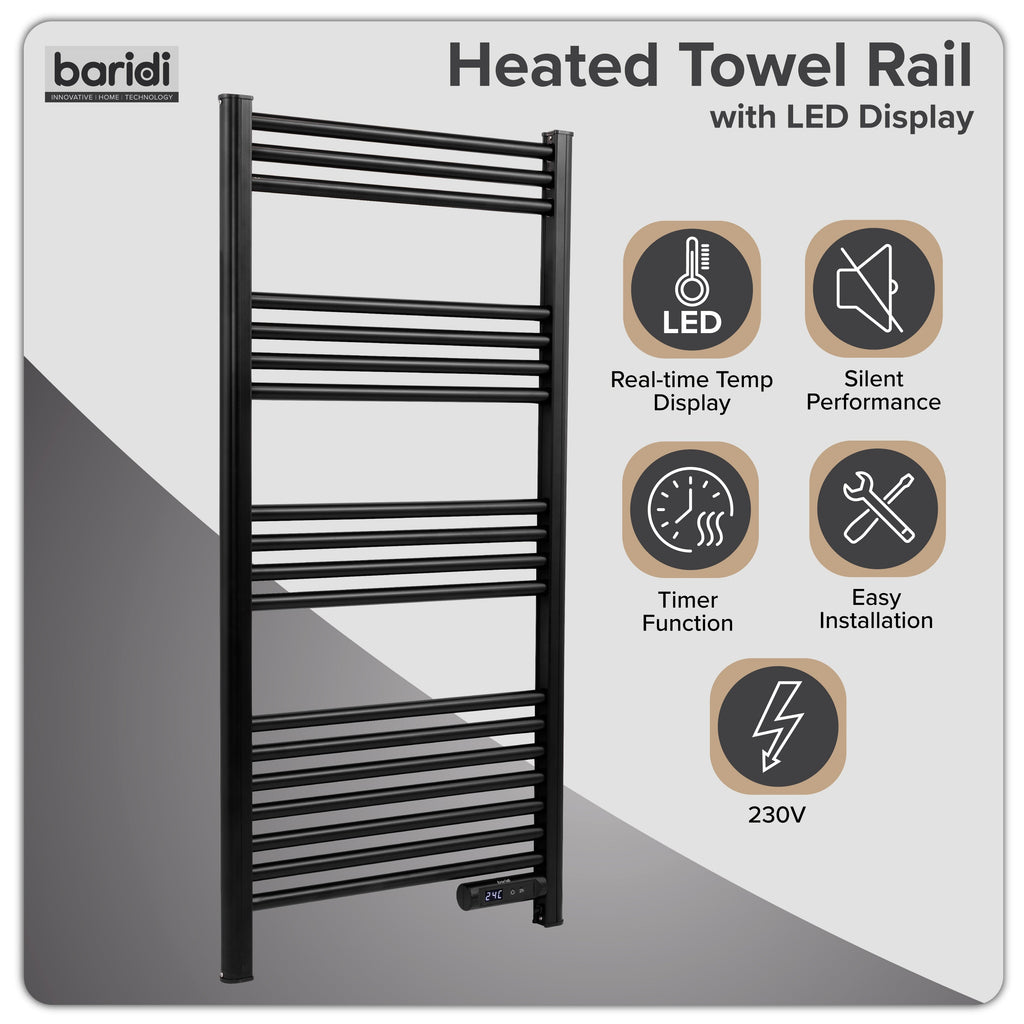 Baridi Electric Heated Towel Rail with LED Display, Black - DH371