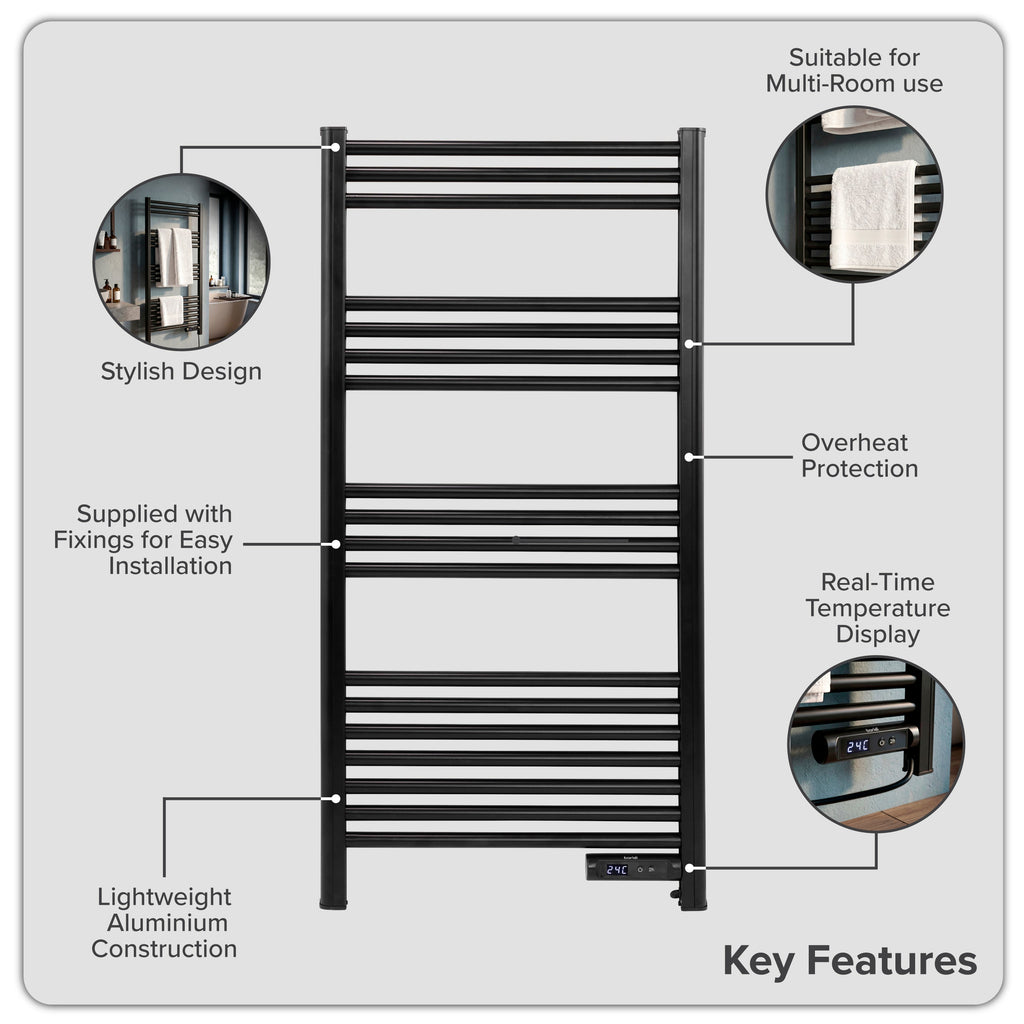 Baridi Electric Heated Towel Rail with LED Display, Black - DH371