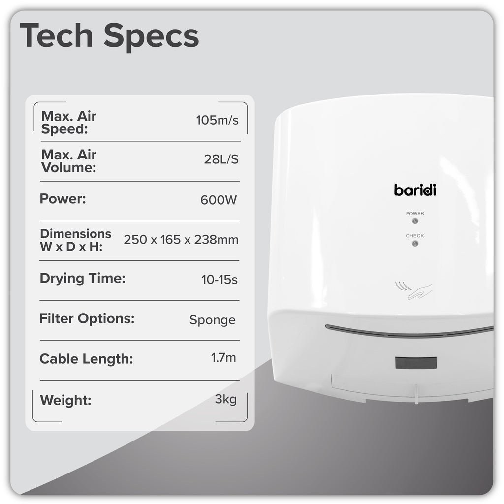 Baridi High Speed Hand Dryer with Auto-Sensor 1400-1650W, White - DH378