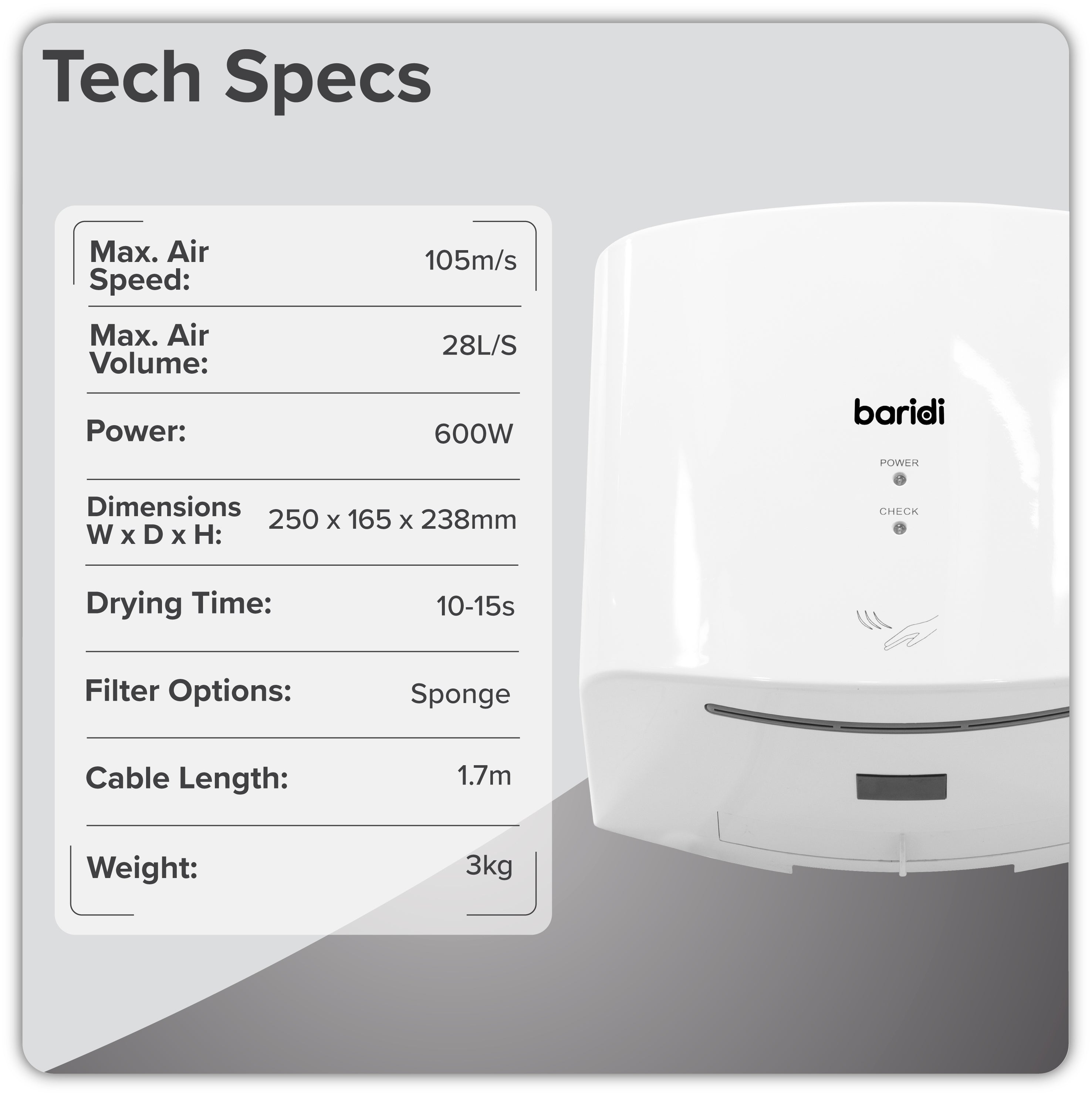Baridi High Speed Hand Dryer with Auto-Sensor 1400-1650W, White - DH378
