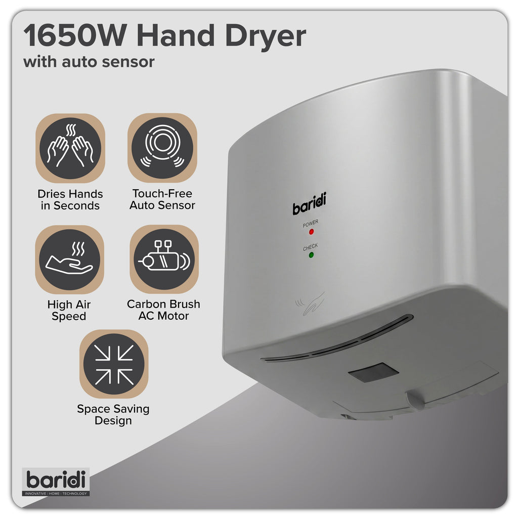 Baridi High Speed Hand Dryer with Auto-Sensor 1400-1650W, Silver - DH379