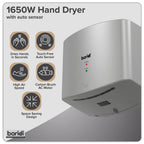 Baridi High Speed Hand Dryer with Auto-Sensor 1400-1650W, Silver - DH379