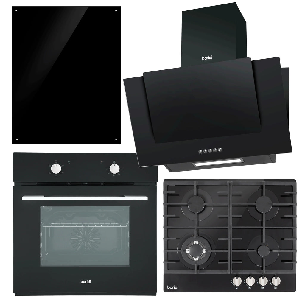 Baridi Kitchen Appliance Bundle – 60cm Oven, Black Glass Hob, Angled Chimney Hood & Splashback - DH391
