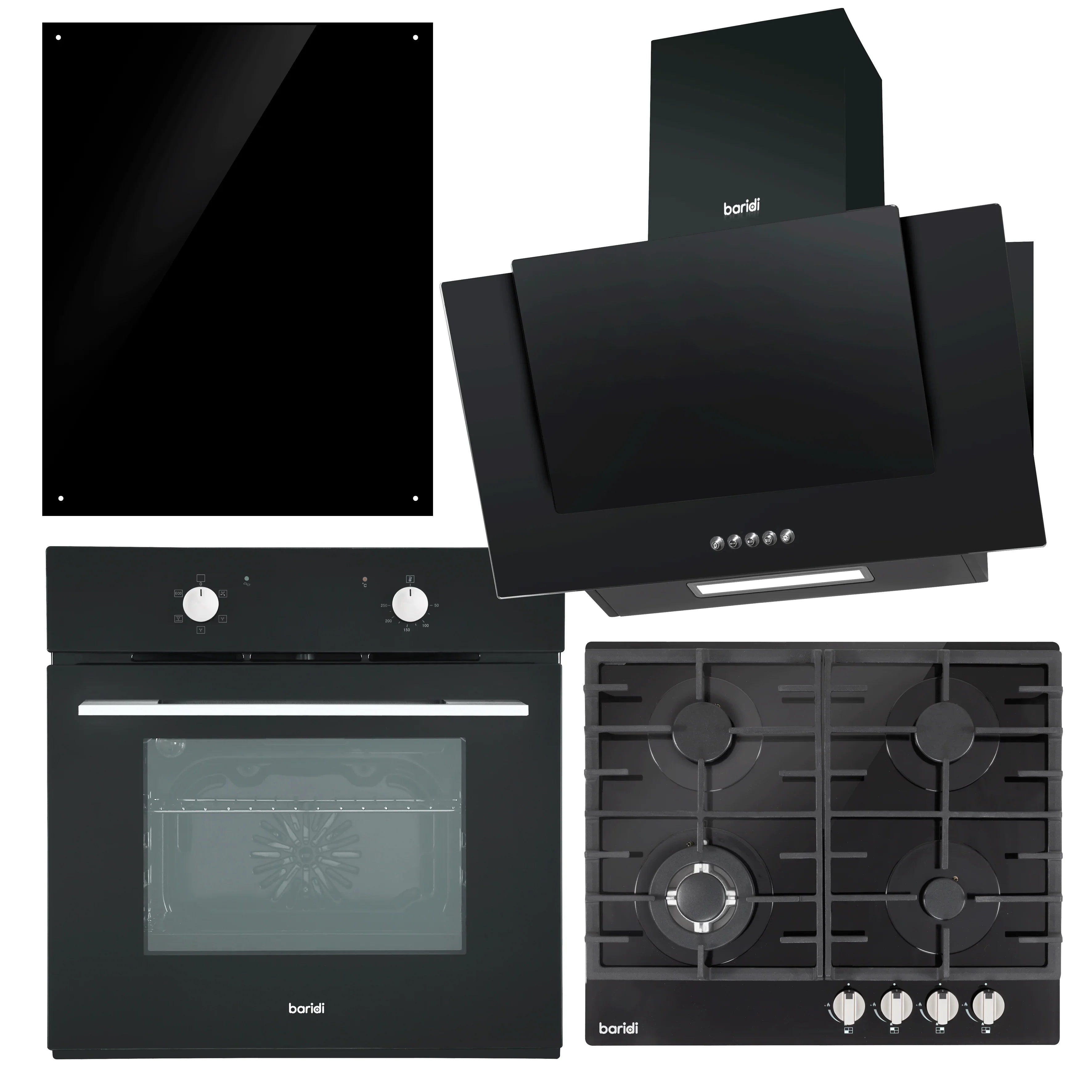 Baridi Kitchen Appliance Bundle – 60cm Oven, Black Glass Hob, Angled Chimney Hood & Splashback - DH391